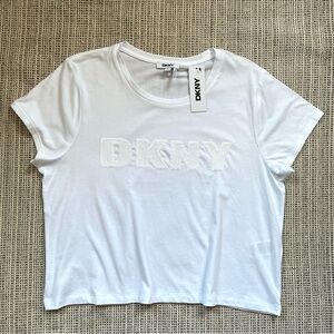 DKNY Women’s Short Sleeve Crew Neck White T-shirt with Sequin Material Size XL